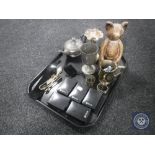 A tray of plated items, teddy bear figure, five boxed St.