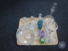 A tray of assorted glass ware - etched decanter, crystal rose bowl, ice bucket, perfume bottles,