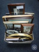A box of gilt framed mirrors, framed needlework, prints,