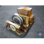 A tray of Art Deco walnut cased Smiths mantel clock together with a further clock by Metamec and