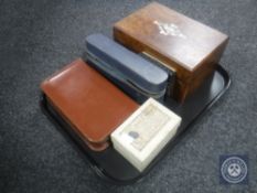 A tray of Victorian walnut work box together with an Art Deco travel set, gentleman's travel set,