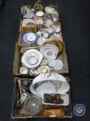 Four boxes of antique and later tea china, Italian figure, Victorian wash bowl, glass ware,