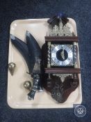 A tray of continental wall clock with weights and two Kukri knives