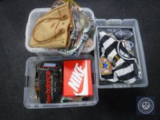 Three crates of vintage clothing including Barbour bag, rugby tracksuit, football top etc.