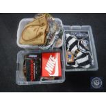 Three crates of vintage clothing including Barbour bag, rugby tracksuit, football top etc.