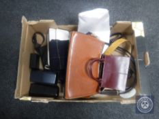 A box of lady's hand bags and purses, Radley and others glass cases etc.