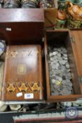 A Victorian inlaid walnut table box, box of one shilling pieces,
