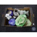 A box of assorted china including - Ringtons caddy, three graduated pottery lamb figures,