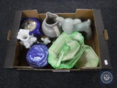 A box of assorted china including - Ringtons caddy, three graduated pottery lamb figures,