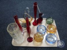 A tray of glass, Whitefriars vases and bowls, duck paperweight etc.