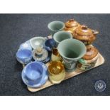 A tray of fourteen pieces of green and blue Wedgwood Jasperware, Burlington cottage tea service,