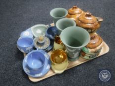 A tray of fourteen pieces of green and blue Wedgwood Jasperware, Burlington cottage tea service,