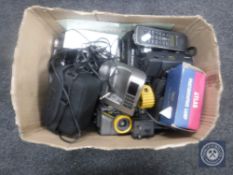 A box of assorted cameras, camera bags,