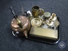 A tray of early 20th century brass and copper electric kettle, flat iron,