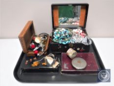 A tray of jewellery boxes and costume jewellery,