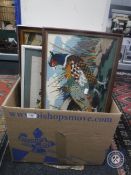 A box of five framed tapestries, fire screen and two framed maps of Northumberland and of the world.
