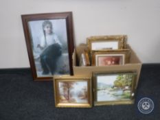 A box containing assorted pictures and prints including still life oils on canvas,