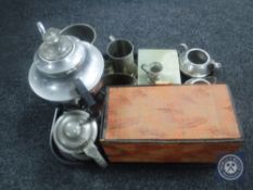 A tray of 20th century plated wares, craftsman pewter milk jug and sugar basin,