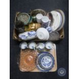 A box and a tray of Royal Doulton tea china, glass bowl, wall plates,