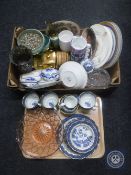 A box and a tray of Royal Doulton tea china, glass bowl, wall plates,