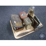 A tray of antique tins - Bassetts liquorice, Pears Soap, etc, two miniature flat irons,