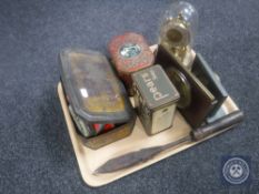 A tray of antique tins - Bassetts liquorice, Pears Soap, etc, two miniature flat irons,