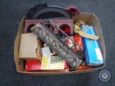 A box of model railway accessories including bridges, turntable,