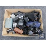 A box of cameras and accessories - Nikon F55 with lens, camera bags, two pairs of binoculars,