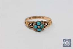 A Victorian 15ct gold diamond, seed pearl and turquoise set ring,