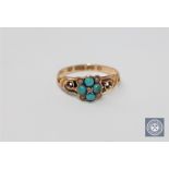 A Victorian 15ct gold diamond, seed pearl and turquoise set ring,