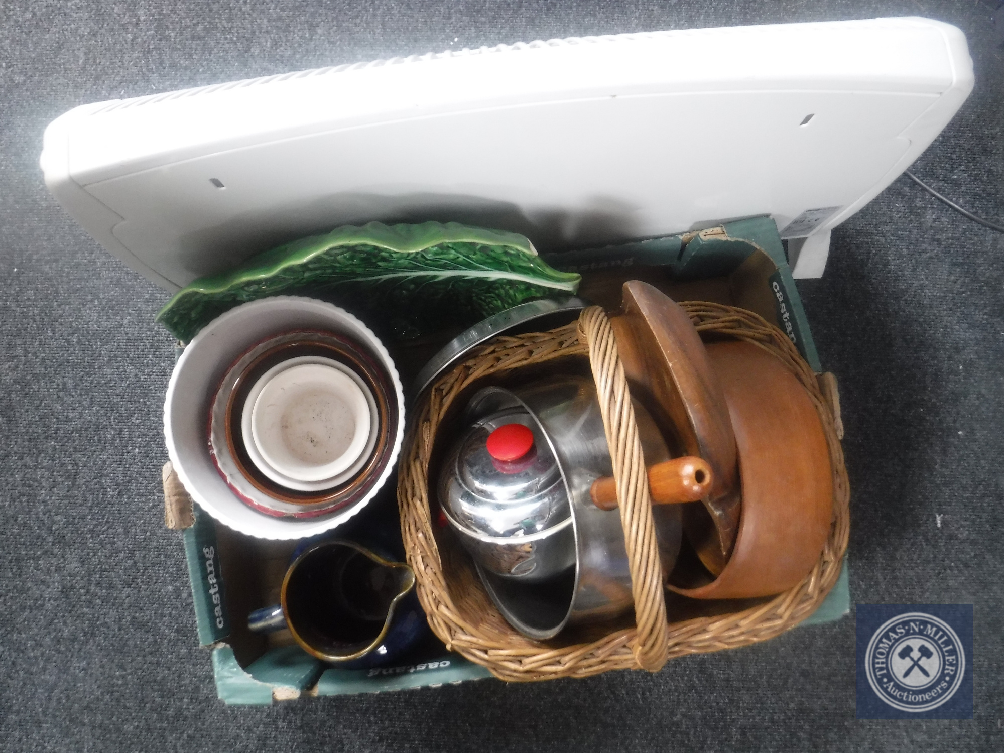 A panel heather, shredder and box containing hand basket, Denby jug, saucepan etc.