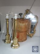 A box of brass table lamps, mahogany framed mirror,