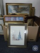 A box of eighteen pictures and prints, oils on canvas etc.