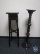 A barley twist column torchere and an oak plant stand