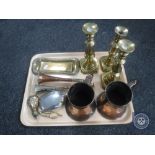 A tray of two antique copper tankards, brass miniature powder flask,