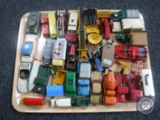 A tray of vintage play-worn die cast vehicles including Dinky Toys forklift truck, moto cart,