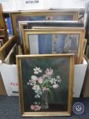 A box of eighteen assorted continental pictures and prints including oils on canvas