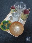 A tray of Majolica style wall plates and jugs, pair of carnival glass bowls,