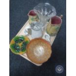 A tray of Majolica style wall plates and jugs, pair of carnival glass bowls,