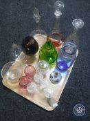 A tray of glass, decanters,