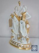 A Capo Di Monte figure with gilt highlights - Grecian style ladies.