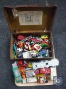 A tray of leather case, play-worn die cast vehicles,