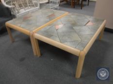 A pair of Danish beech framed tiled topped coffee tables