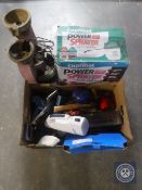 A Cuprinol power sprayer, box of hand tools, ammunition box,