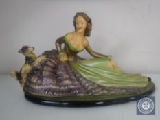 An Art Deco chalk figure of a lady seated with a dog