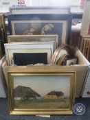 A box of eighteen assorted continental pictures and prints including oils on canvas