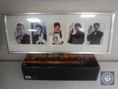 A framed James Bond photographic montage with facsimile signatures and James Bond 007 VHS boxed set