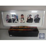 A framed James Bond photographic montage with facsimile signatures and James Bond 007 VHS boxed set