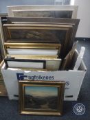 A box of eighteen assorted continental pictures and prints including oils on canvas