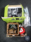 A box of costume jewellery, five in one theatre system etc.